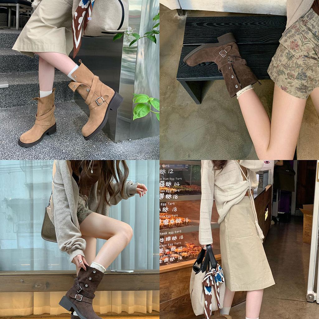 5.5Cm~ Height-increasing Merad Thick-heeled Thick-soled Medium Boots 2025 New Buckle-strapped Suede Short Boots Women's Autumn
