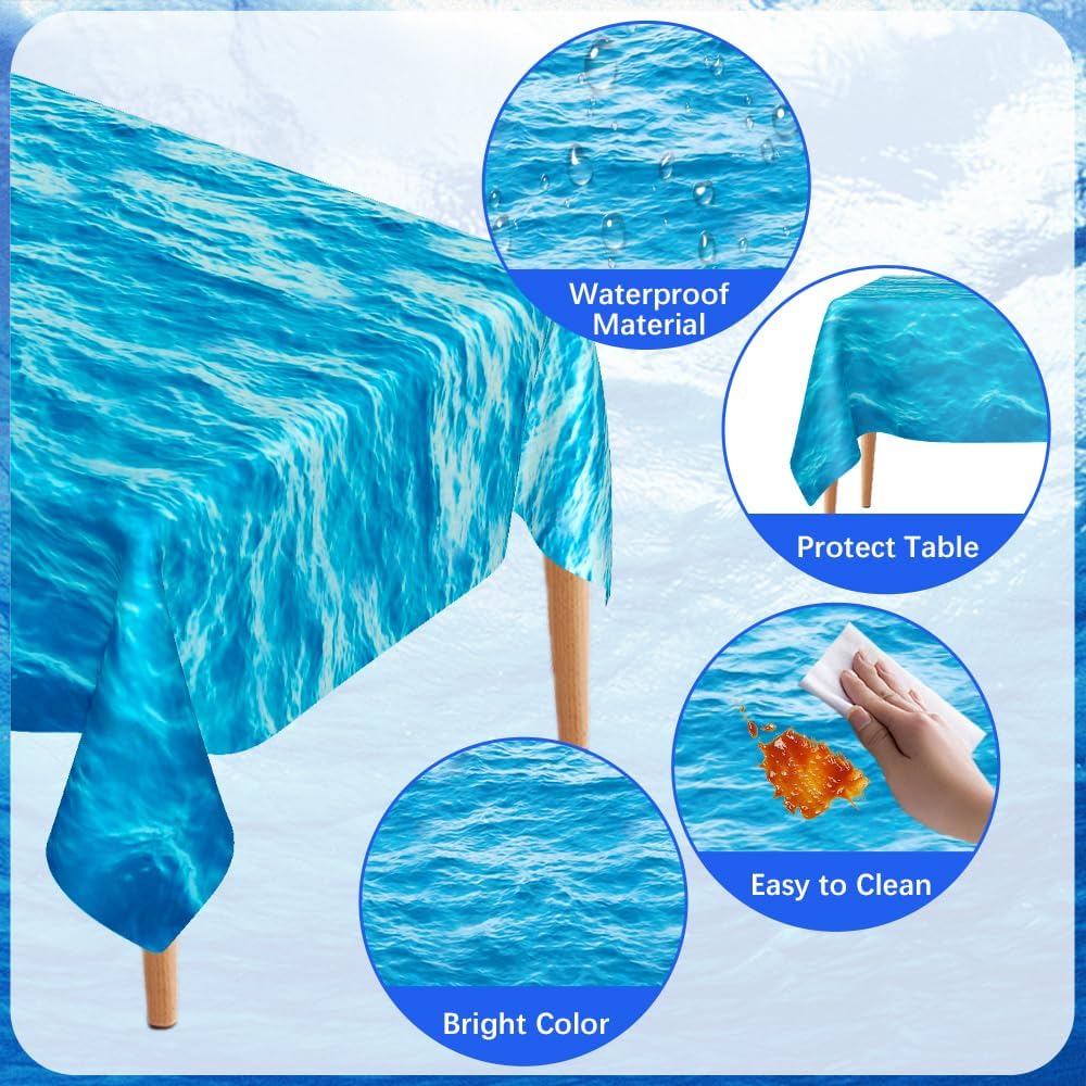 Ocean Waves Tablecloth, 2 Pieces Plastic Ocean Table Cloth Disposable Water Print Table Cover Blue Sea Rectangle Tablecloths for Beach Pool Birthday