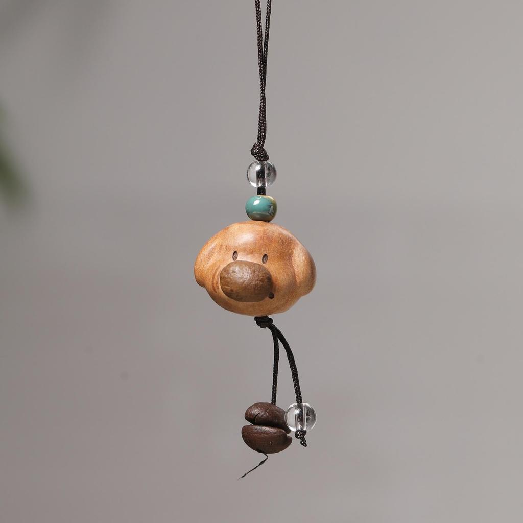 Peach Wood Coffee Bean Bear Pendant Keychain & Necklace Accessory