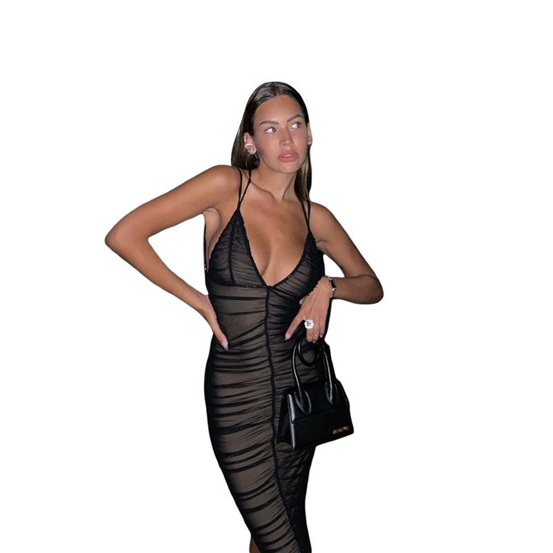Summer New Women's Halter Fashion Sexy Low-cut Backless Slim Mid-length Dress Women