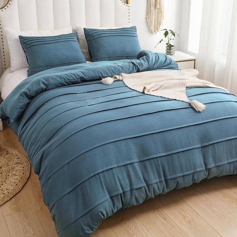 New 5-color striped solid color embroidered duvet cover three-piece set, export home textiles