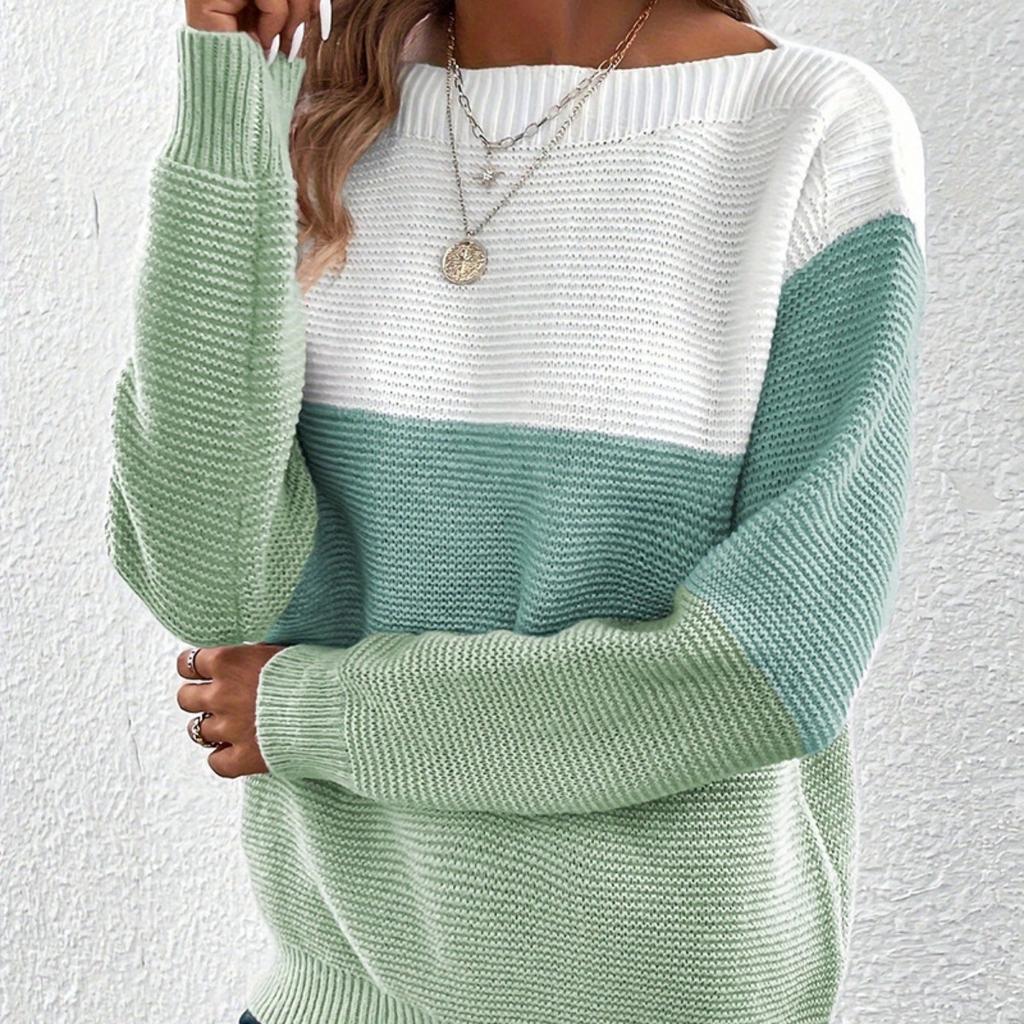 Autumn and Winter Knitted Sweater Women's Contrasting Color Spliced Round Neck Long Sleeved Pullover Top