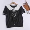 Korean Version Contrasting Doll Neck Knitted Base Shirt Women's Spring and Autumn Chic Bow Tie Short Top