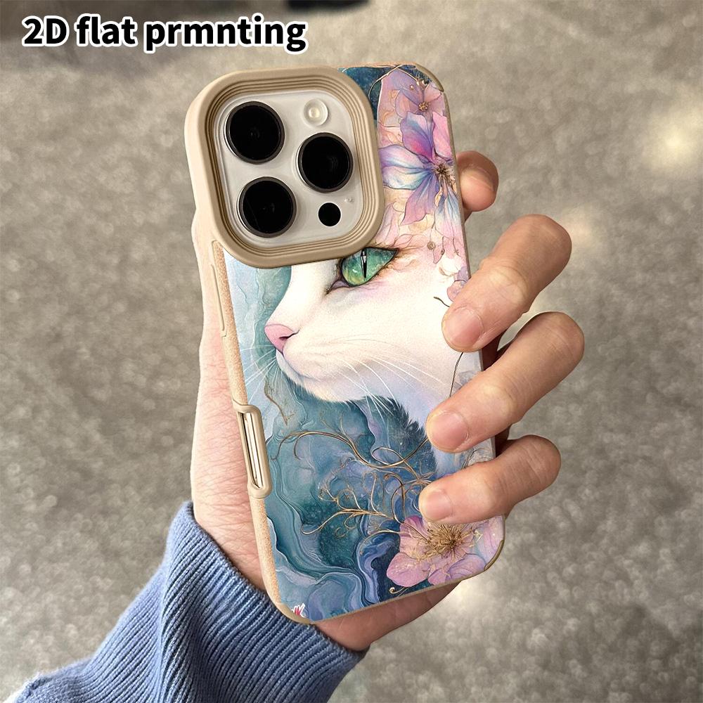 Phone Case: 2D flat lambskin suitable for iPhone 18, 17, 16, 15, 14, 13 Pro protective cases, floral lynx, Christmas and Halloween gifts