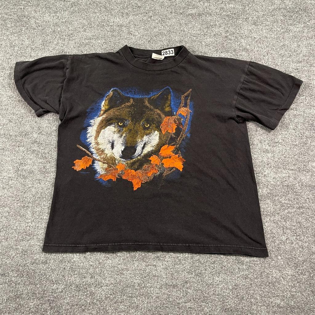 Vintage 90er Springhill Wild Wolf Herbst Kunst Shirt Groß 22x22 Kastenform Schwarz