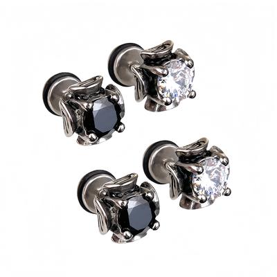 1 Pair Vintage Black and White Cubic Zirconia Stainless Steel Stud Earrings for Men Women Punk Gothic Style Jewelry Decoration