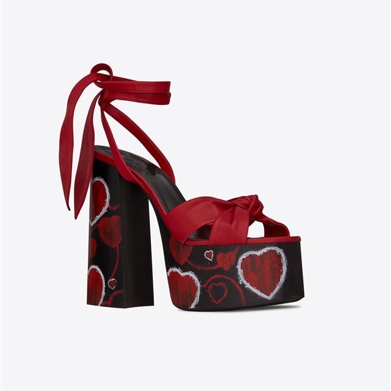 Nya Tryck Dam Sandaler Hög Platå Klumpiga Klackar Skor Sommar Peep Toe Ankelrem Höga Klackar Festskor Sandalia