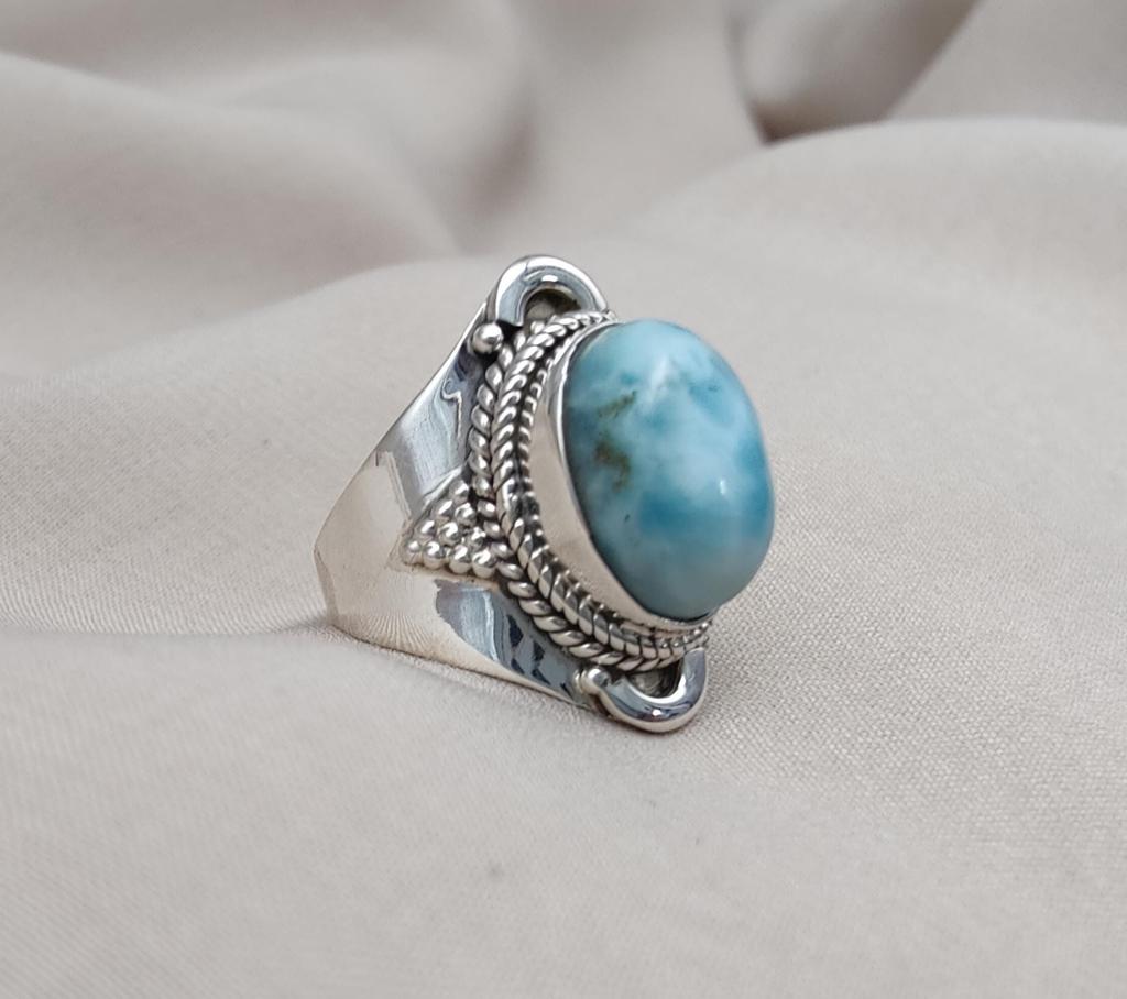 Larimar Ring: 925 Sterling Silver Caribbean Gemstone, Boho Statement Jewelry