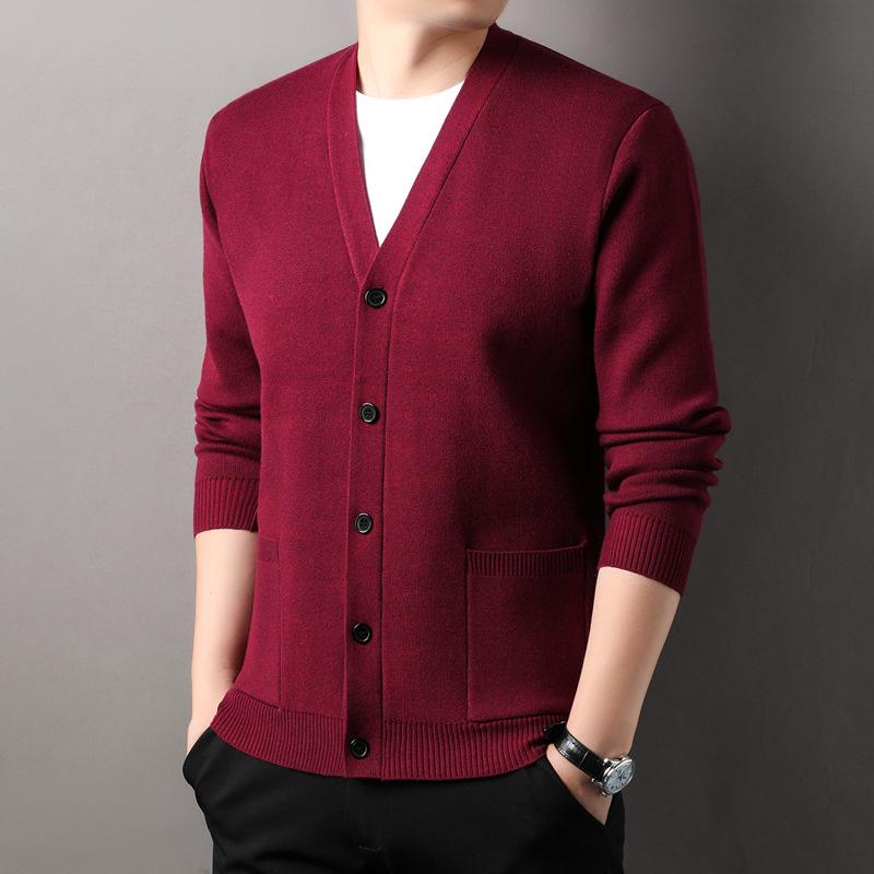 Men's Knitted Cardigan Coat Spring and Autumn V-neck Solid Color Top Real Pocket Sweater Business Casual Outdoor Sweater