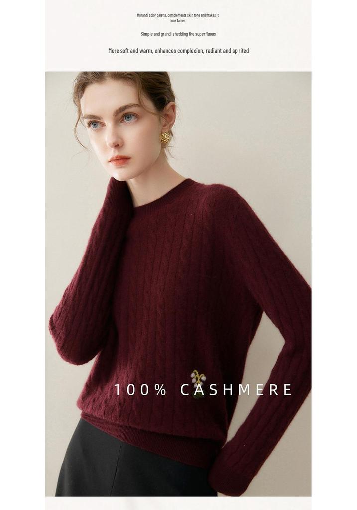 Women's 100% Pure Cashmere Round Neck Cable Knit Sweater for Autumn/Winter