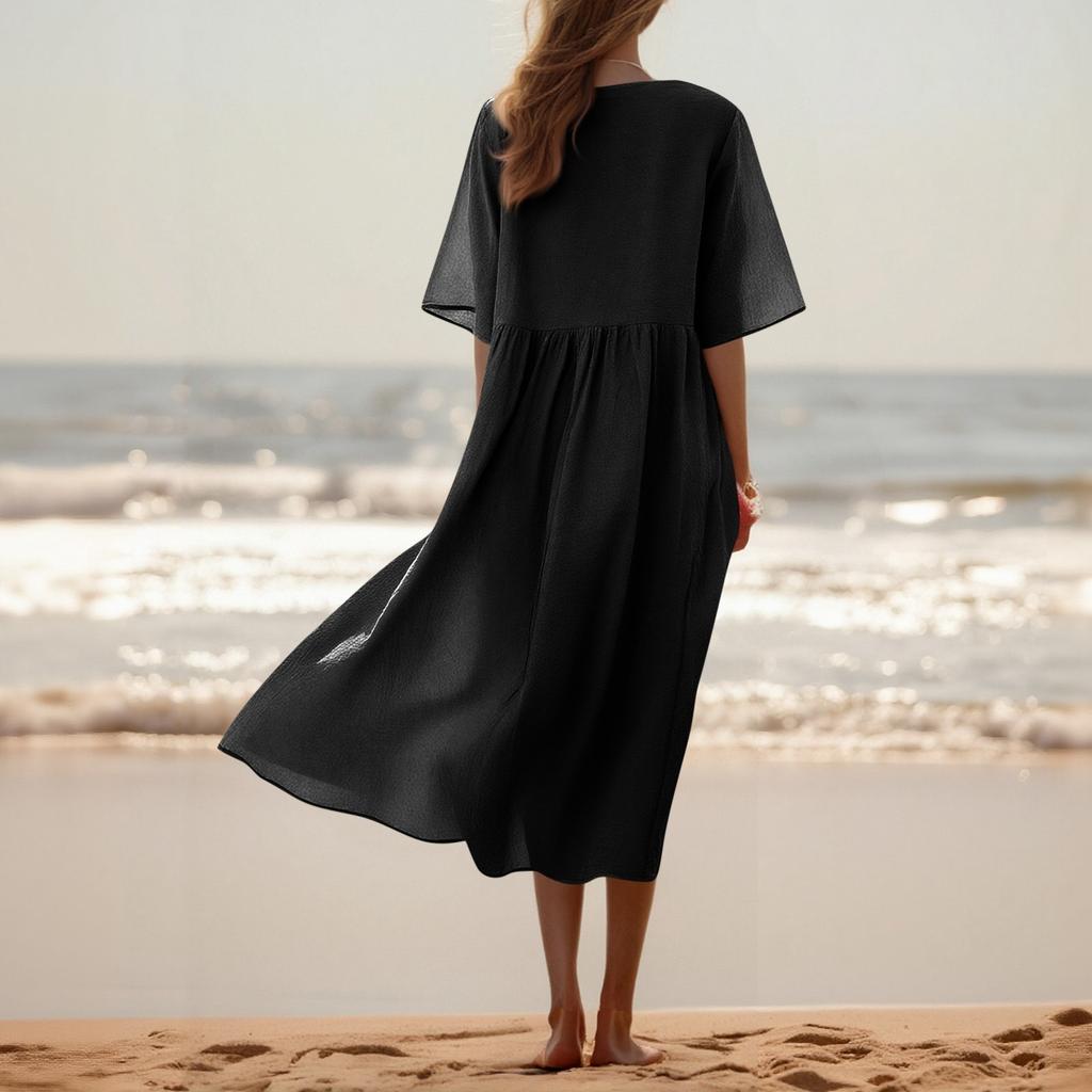 Dámské módní bavlněné a lněné jednobarevné šaty s kulatým výstřihem a polovičním rukávem, ležérní volné dlouhé šaty