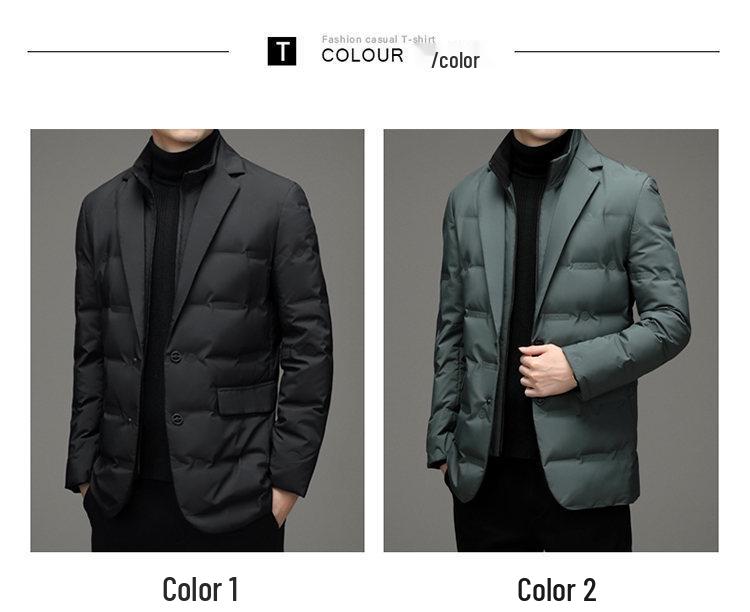 Men's Warm Down Jacket with Detachable Collar - Autumn/Winter Casual Fashionable Suit Style, Fake Two-Piece Design.