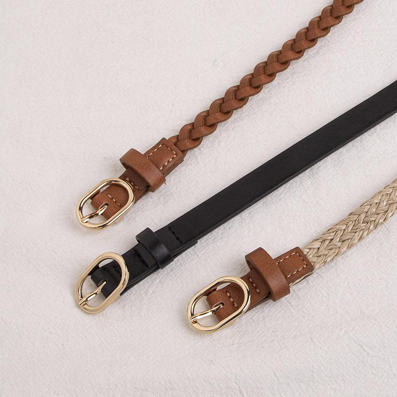 New Women's Simple and Versatile Braided Round Buckle Belt Pp Grass Woven Brown Belt Natural Style Casual Women's Belt