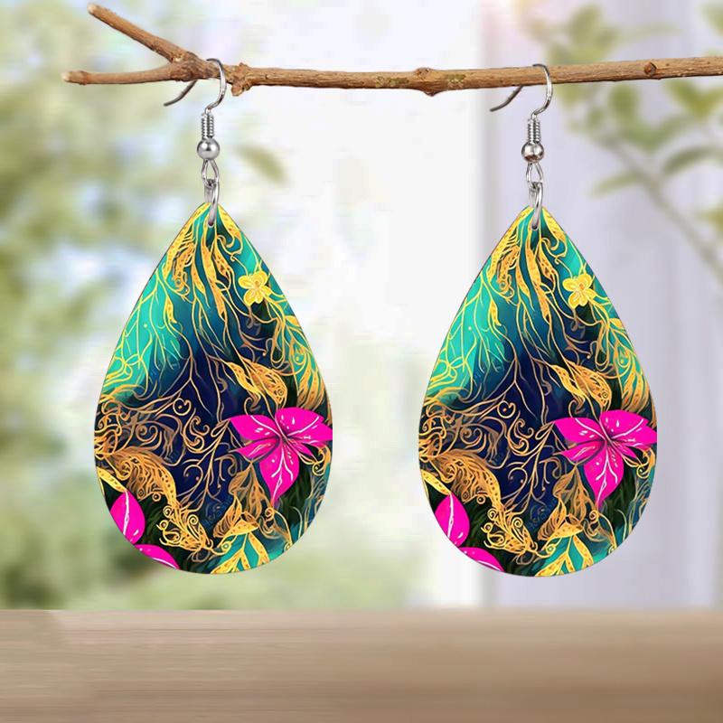 Colorful Fashion Drop Shape PU Leather Earrings for Women Creative Pink Golden Leaf Pattern Drop Earrings