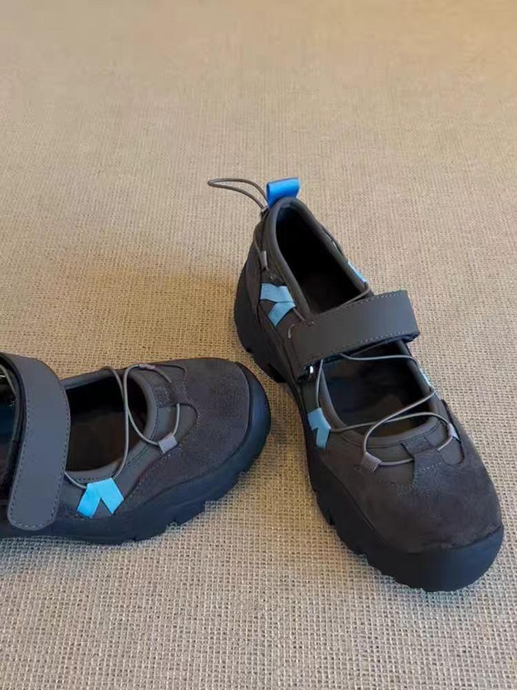 

Sweet cool style heightened platform sole 2025 medium heel cow anti-suede velcro color-blocked leather casual single shoe women 35