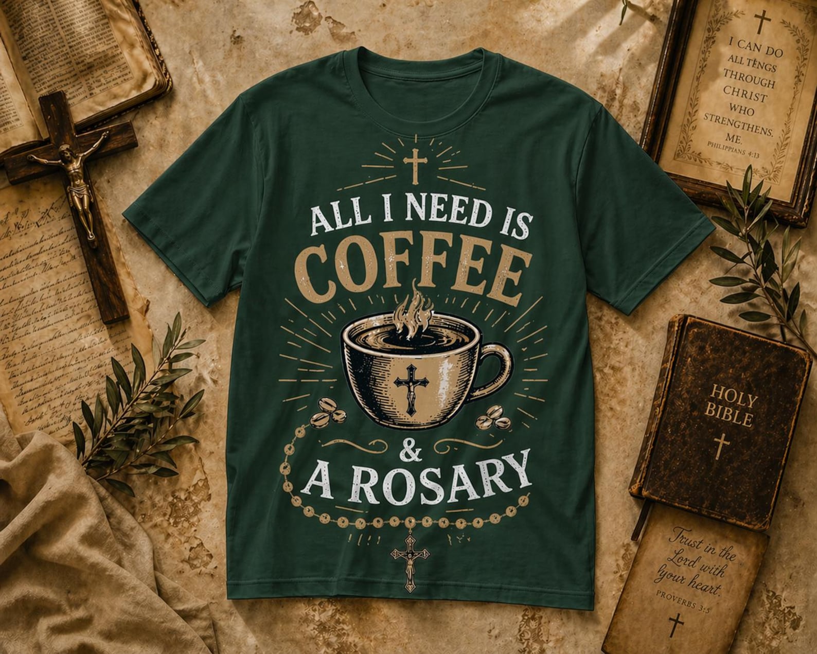 Coffee Rosary Graphic T-Shirt – Vintage Christian Faith Apparel S