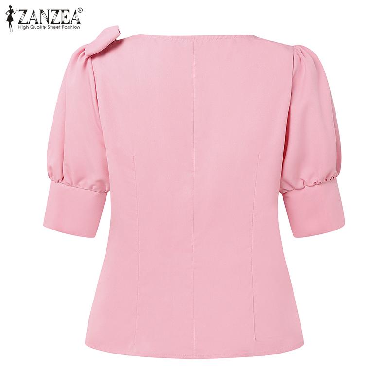 ZANZEA Damen V-Ausschnitt Einfarbig Lässige Kurzarmbluse