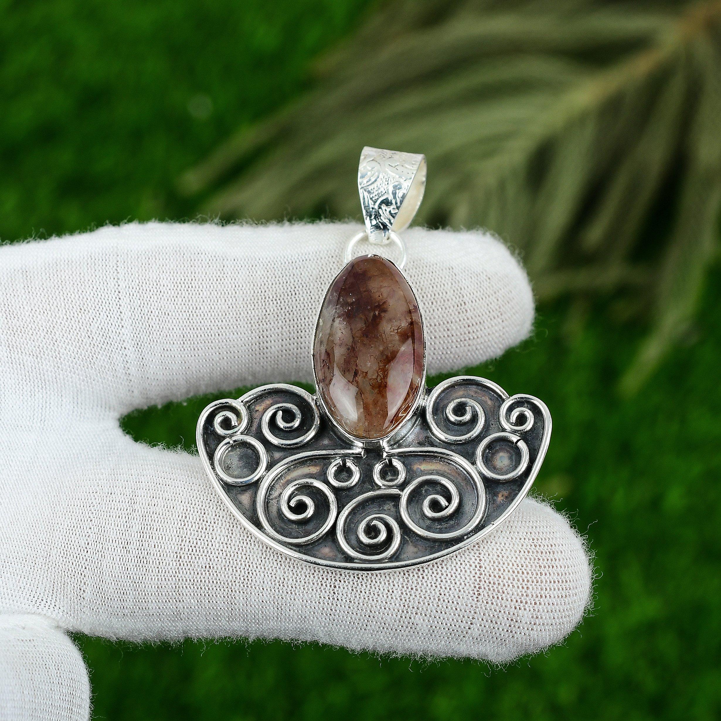 925 Silver Oval Natural Elestial Quartz Anniversary Bezel Wife Pendant Jewelry