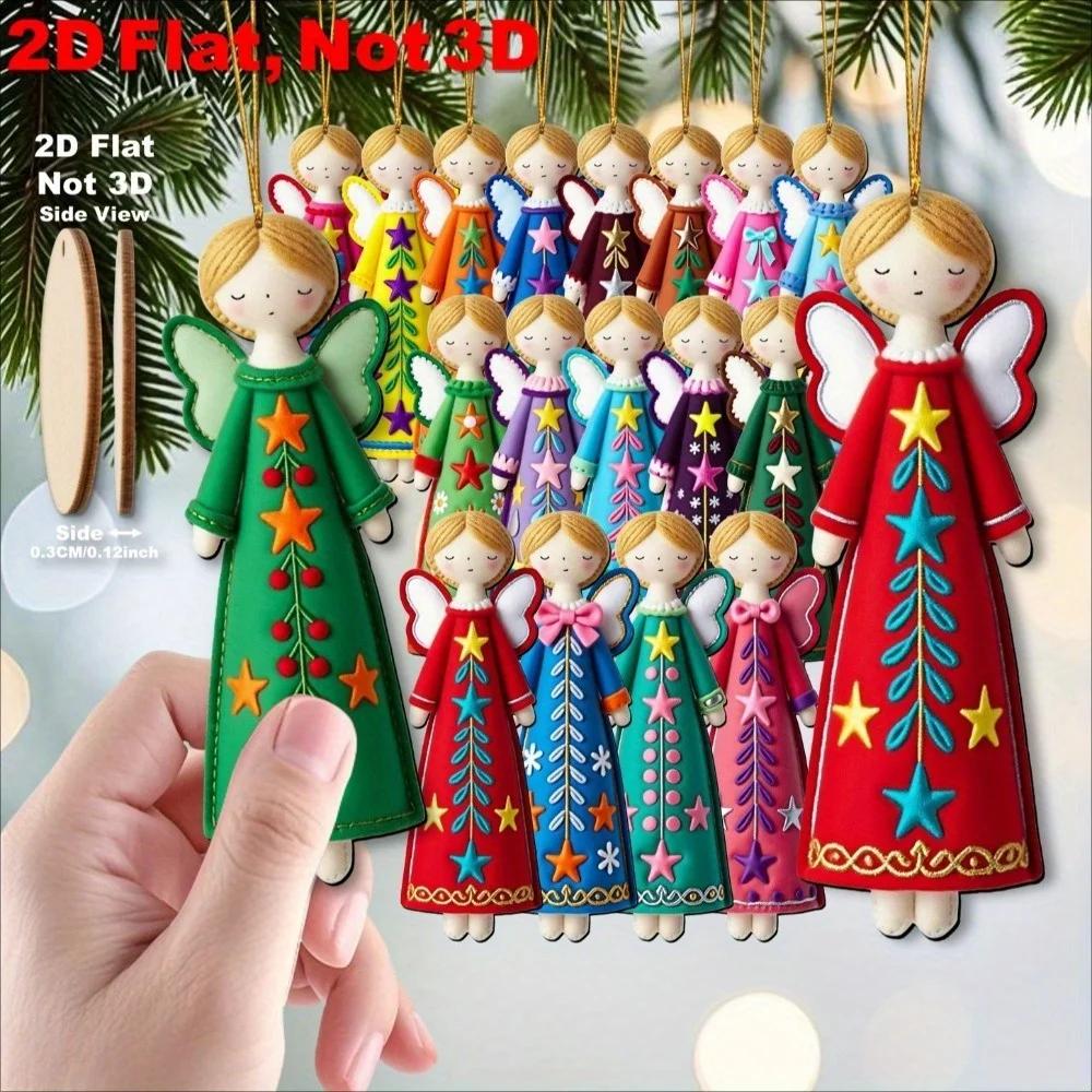 16pcs Colorful 11.94 Cm Artificial Wood Flat 2D Angel Decorations, Christmas Tree Toppers, Gift Tags, Party & Home Decorations