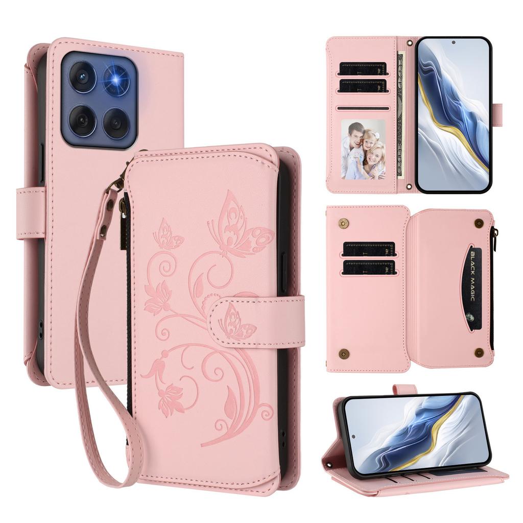 For Motorola Edge 60 5G/Motorola Edge (2025) 5G Leather Case Butterfly Floral Imprint Zipper Wallet Stand Cover with Wrist Strap
