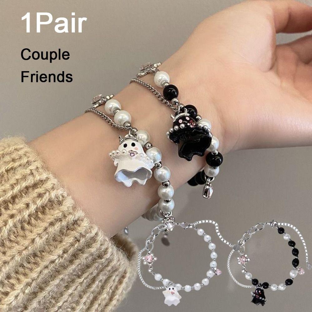 2PCS Pearl Beaded Halloween Couple Bracelets Funny Ghost Pendant Bracelet  Jewelry Gifts