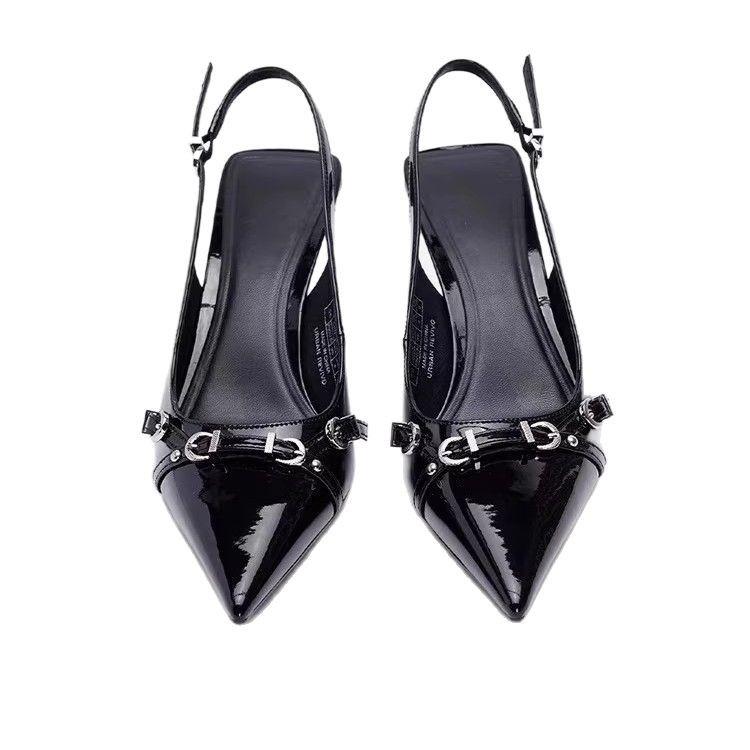 2025 Spring/Autumn Women's Backless Stiletto Sandals with Small Buckle and Pointed Toe, Versatile Curved Patent Leather Heels