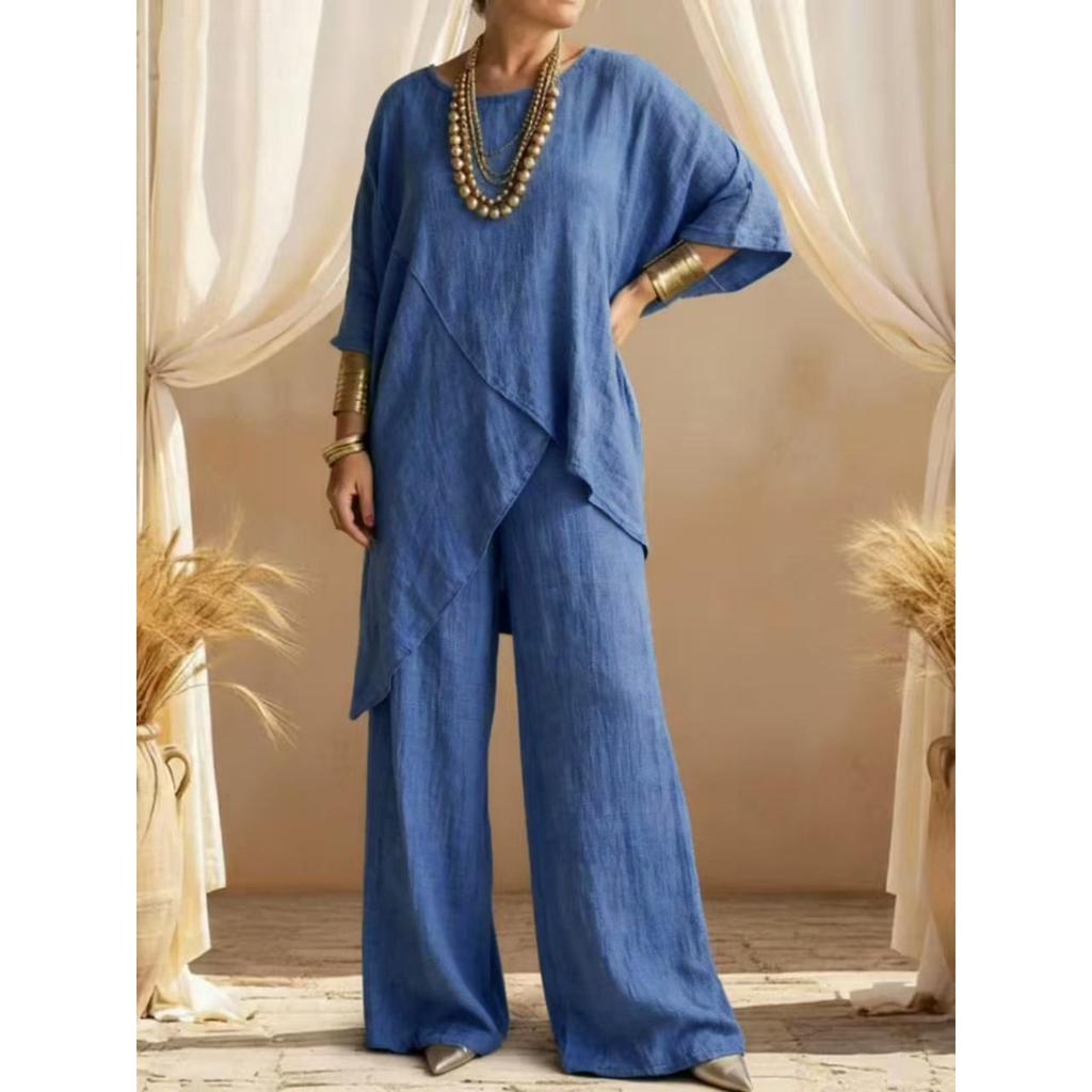 Women's Round Neck Irregular Hem 3/4 Sleeve Linen Look Top and Wide Leg Pants 2 Piece Casual Outfit