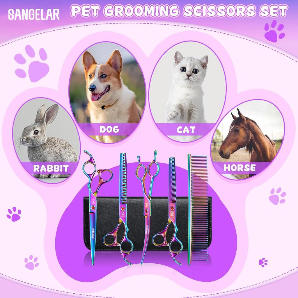 SANGELAR Pet Grooming Scissors Set,Includes Straight, Curved, and Thinning Shears, 20%-55% Fur Thinning, Available In Round Tip Options