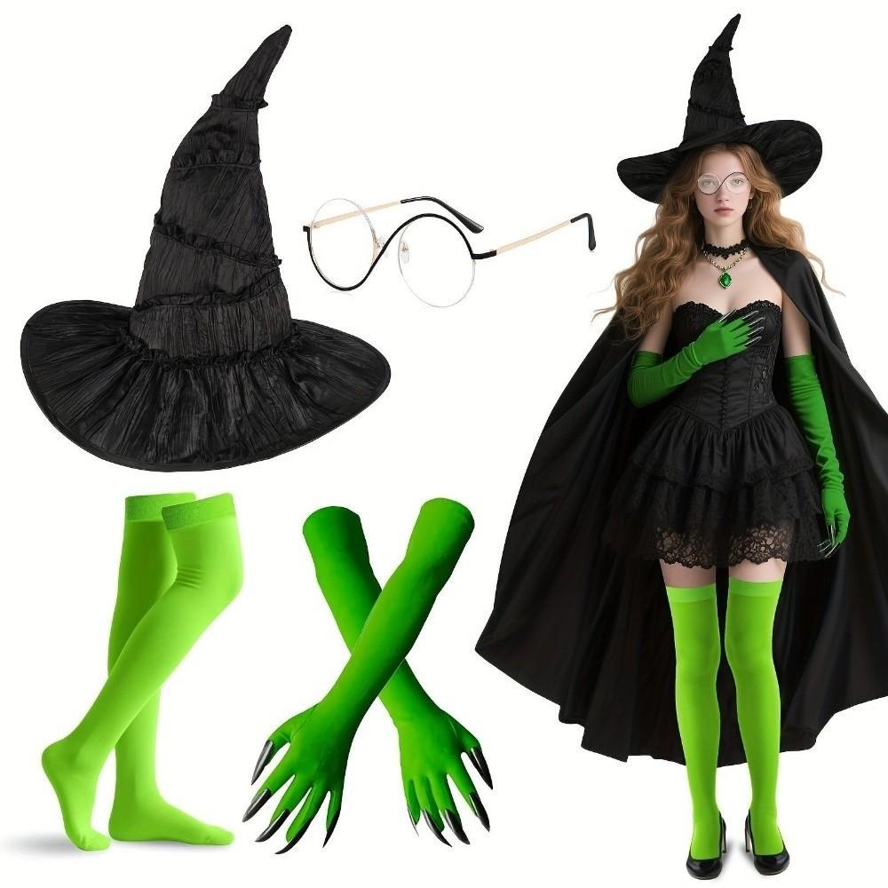 3pcs Glasses and Gloves Witch Cos Hat Kit Halloween Costume Headgear Party Role Play Cap  for Adults