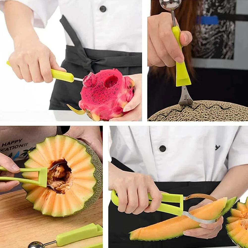 Watermelon Slicer Cutter 3 in 1 Fruit Cutter Scoop Carving Knife Fruit Dig Pulp Separator Fruit Platter Kitchen Gadgets