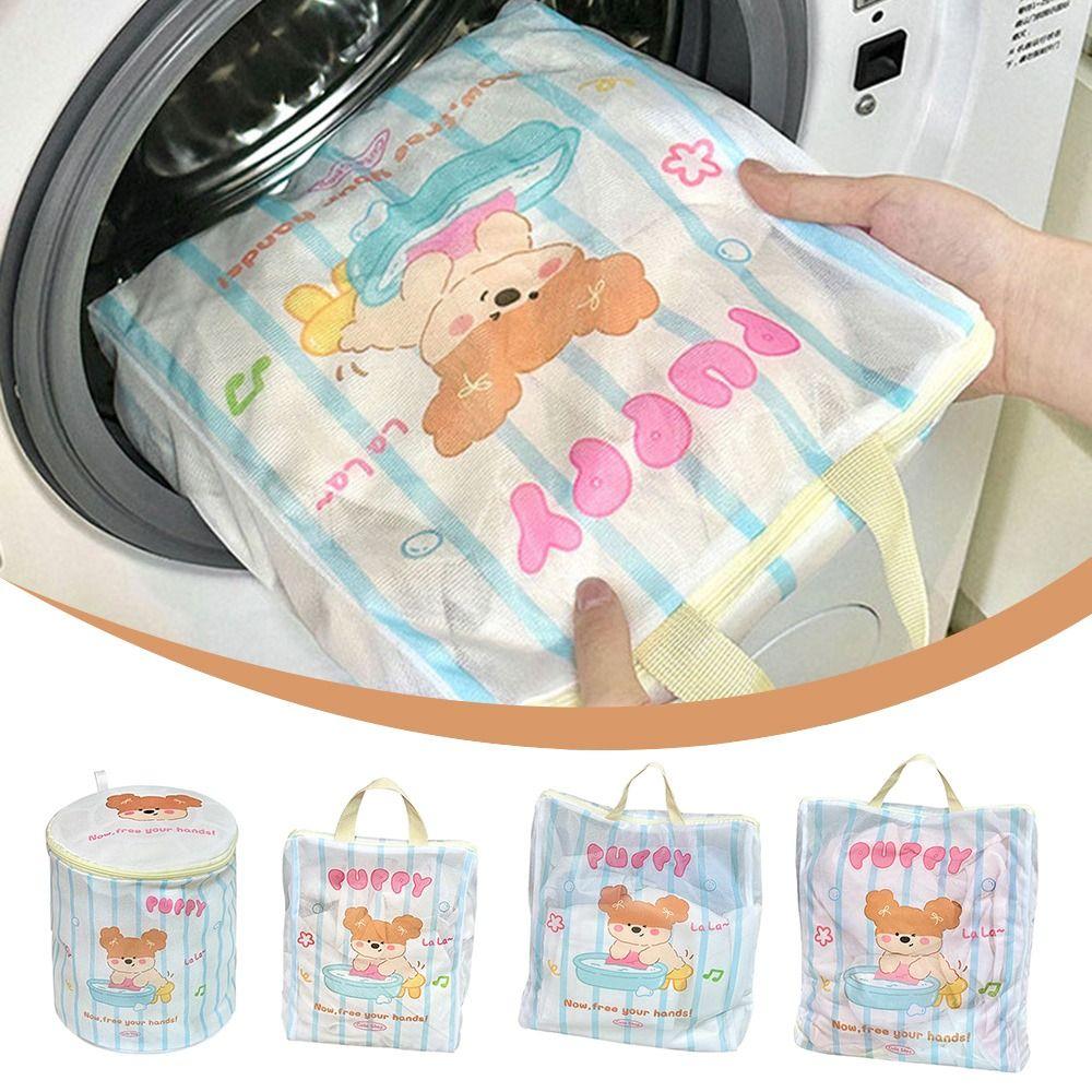 Cute Cartoon Cat Puppy Zippered Mesh Laundry Bags Anti-Winding Breathable Storage Bag with Handle Laundry Care