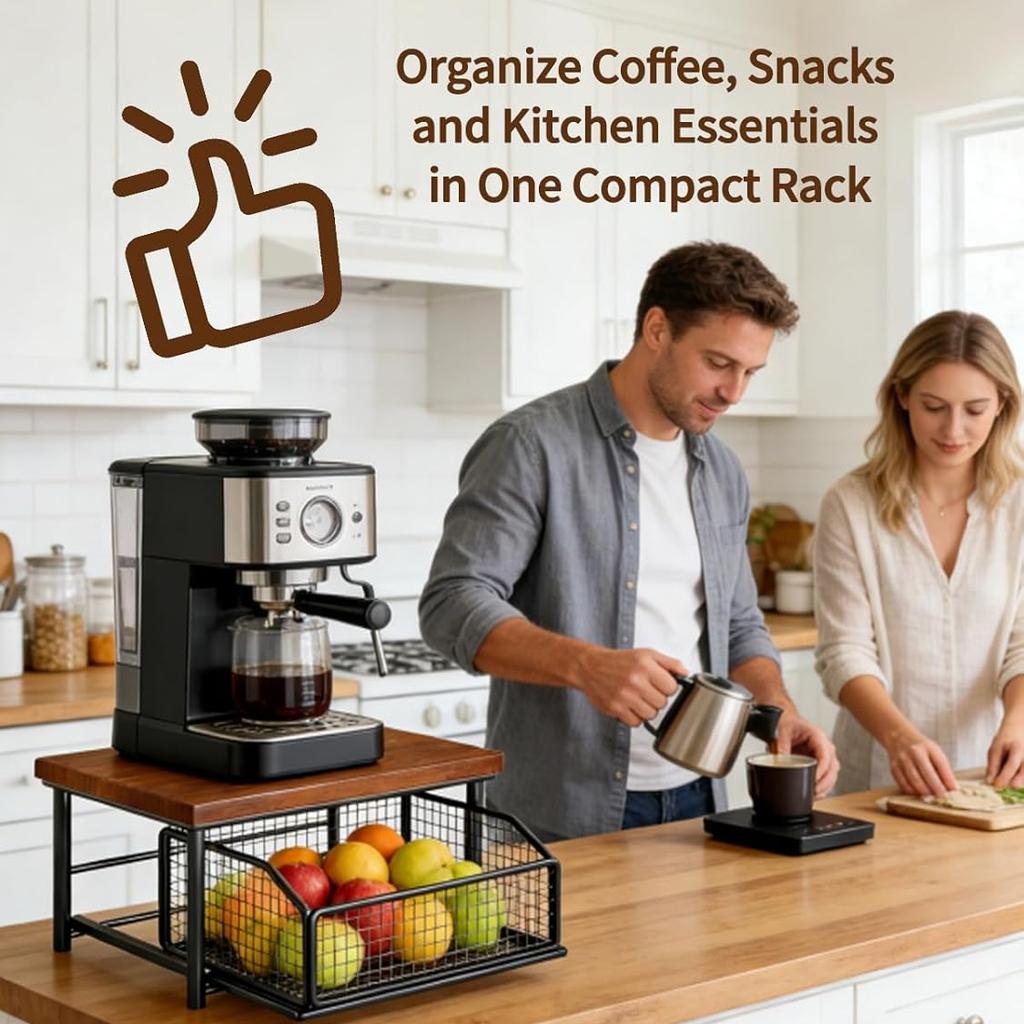 2 Tier Space Saving Kitchen Countertop Organizer with Drawer and Wire Basket with Sliding Storage Shelf