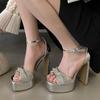 Fashion Design Pleated Crystal Rhinestone PVC Women 13CM High Heels Platform Sandals Elegant Square Toe Wedding Prom Shoes