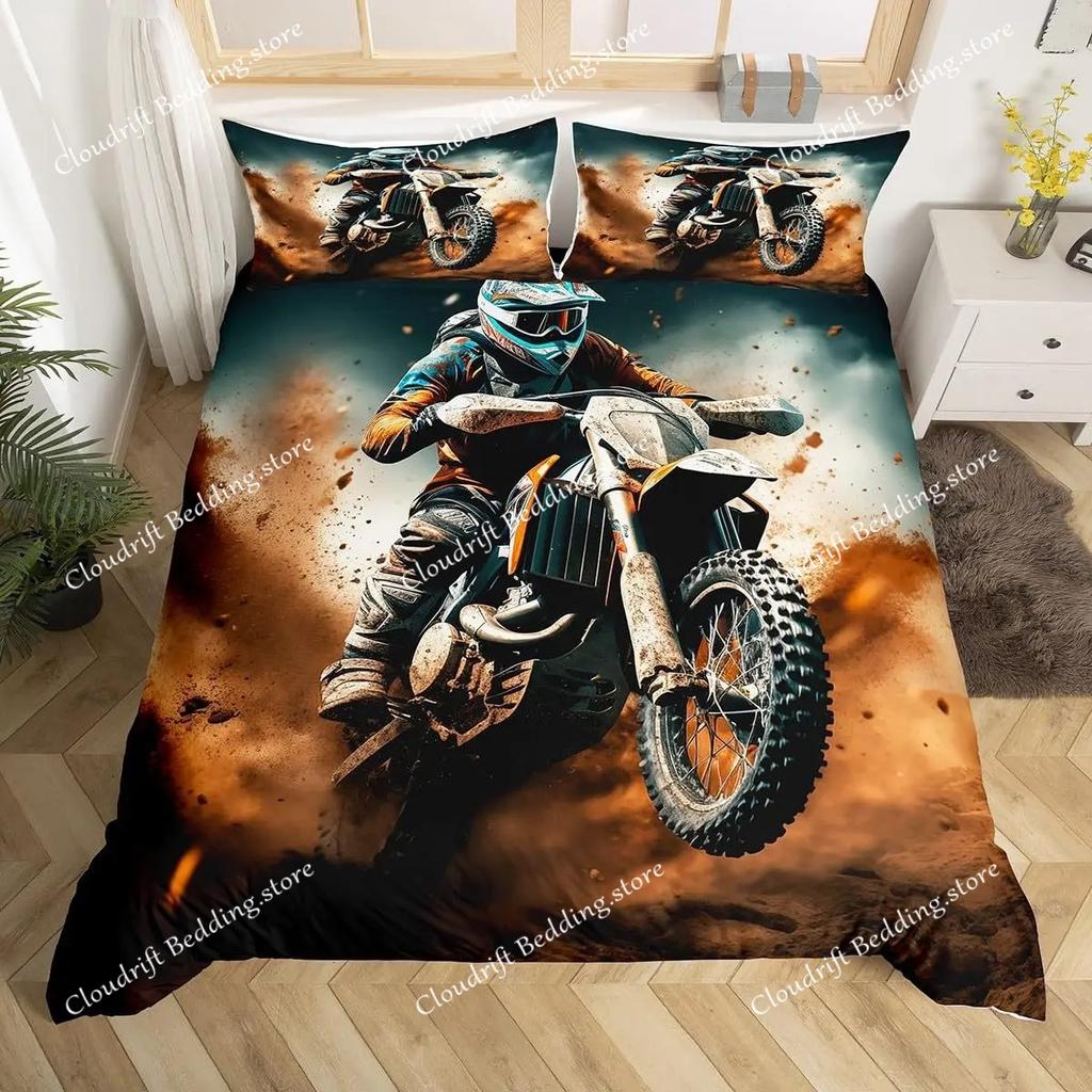 Dirt Bike Comforter Cover, Sports Biker Motocross Racing Theme Duvet Cover Set For Teen Boys Decorative Bedding Sets