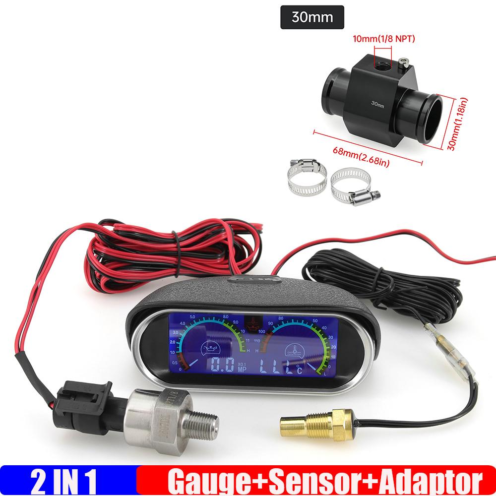 ZMFJH 2IN1 Digital Water Temperature+Oil Pressure Meter with Sensor 10mm Temp Joint Pipe Sensor Hose Adapter for Car Truck 9-32V