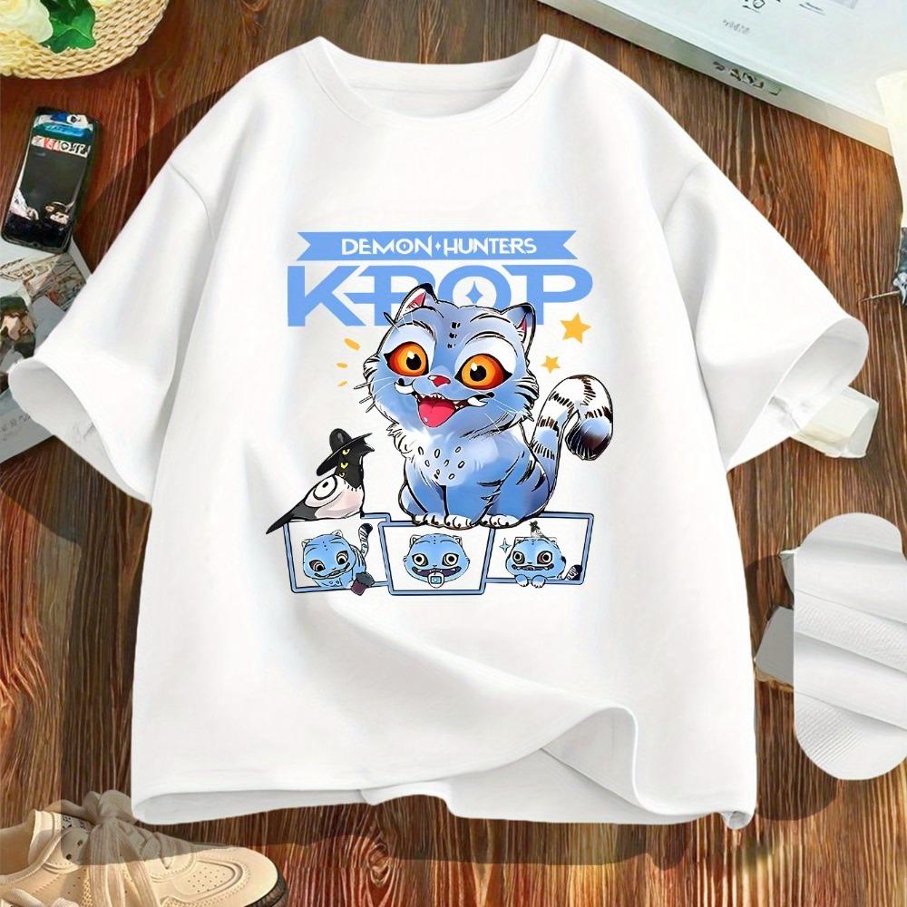 Kpop Demon Hunter Cute Cartoon Demon-hunters Keep T-shirt Round Neck Casual Summer Top Print Machine Washable Regular Fit Tee