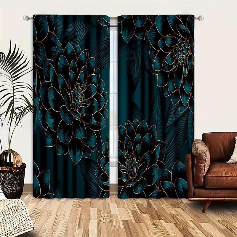 2 st Blå gardiner med stort blomtryck, lämpliga för sovrum, vardagsrum, köksdekoration, heminredning, fönsterdekoration