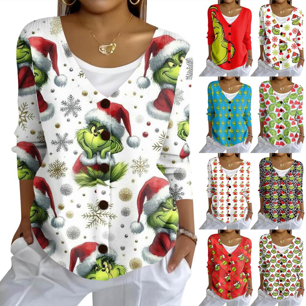 Women's Fashion Casual Knit Sweater Button-Up Christmas Print Cardigan Jacket