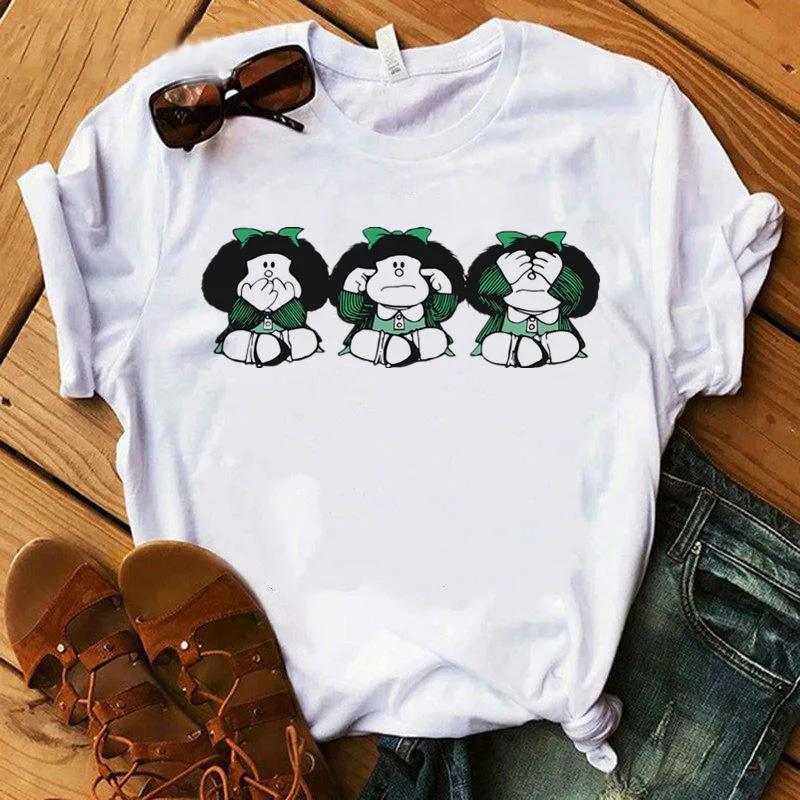 2025 Neues T-Shirt Damen Lustige Cartoon PAZ Mafalda oder QUIERO Cafe Bedrucktes Oberteil Damen T-Shirts Harajuku Lässig Weißes T-Shirt Kleidung