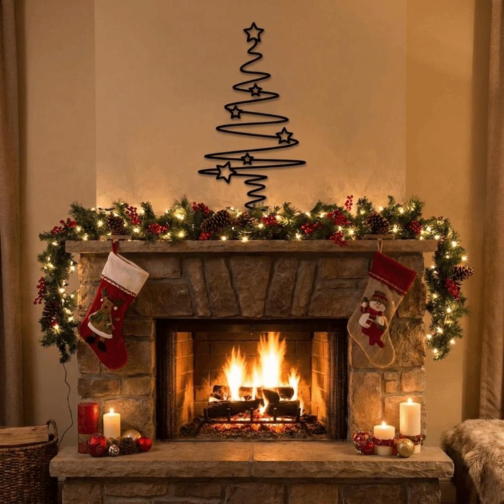 Detachable Christmas Tree Wall Art Black Star Pattern Wrought Iron Wall Decor Rust Resistant Metal Christmas Tree Decor