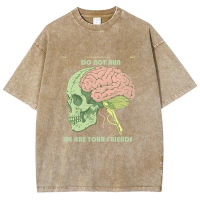 T-shirt da Donna con Stampa Teschio e Cervello Cotone Oversize Larga Manica Corta Tendenza Streetwear Stile Usurato Magliette per Adolescenti