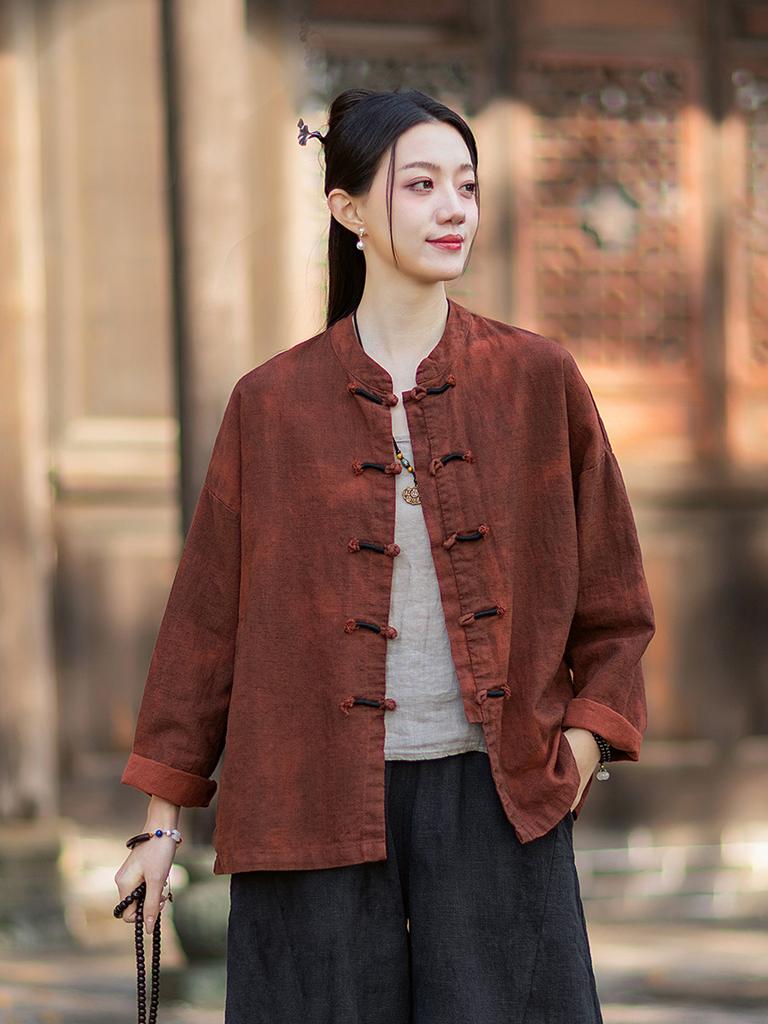 Johnature Women Vintage Blouses Spring Chinese Style Solid Color Shirts Stand Long Sleeve Button Shirts