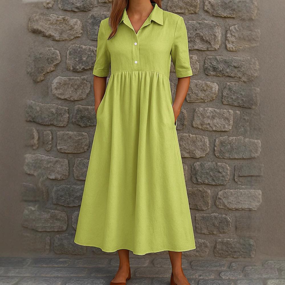 Women's Casual Button-Down Shirt Dress with Pockets, Loose Fit, Pleated Hem, Short Sleeve