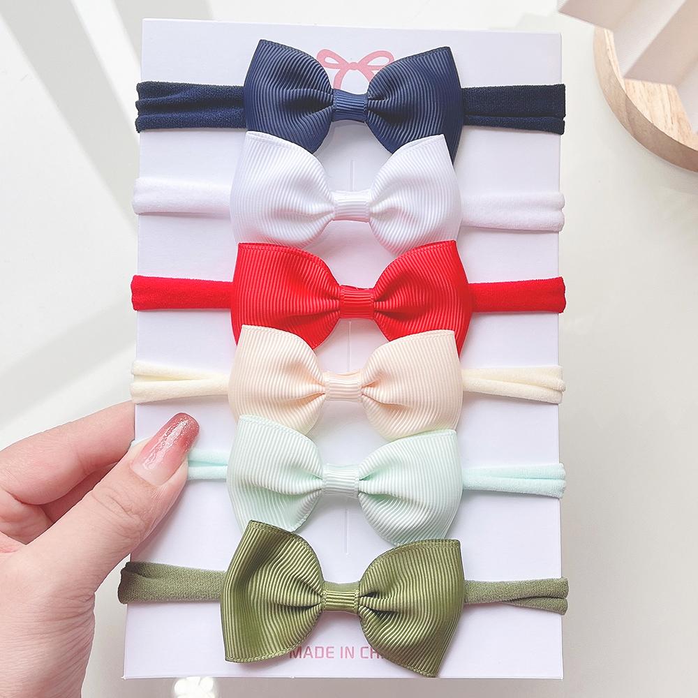 6Pcs/set Solid Color Grograin Ribbon Bowknot Headband For Girls New Headwear Elastic Hair Bands Infant Kids Hair Accessories