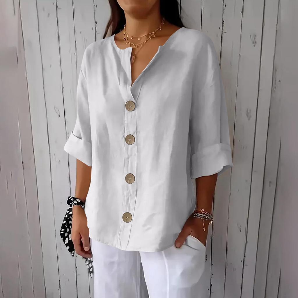 Women's Fashion Casual V-Neck Buttoned 3/4 Sleeve Cotton Linen Top