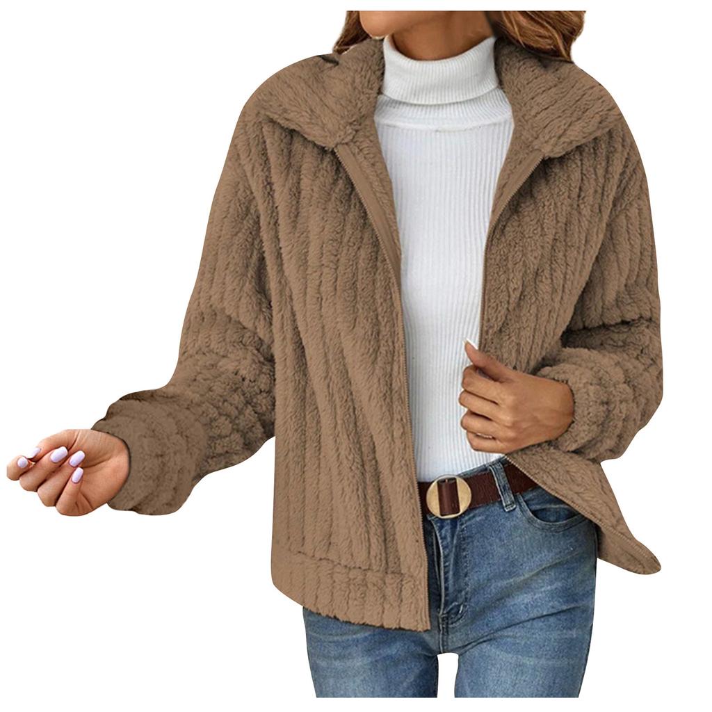 Women's Fashionable  And Winter Plush Cardigan With Zipper Lapel Short Jacket