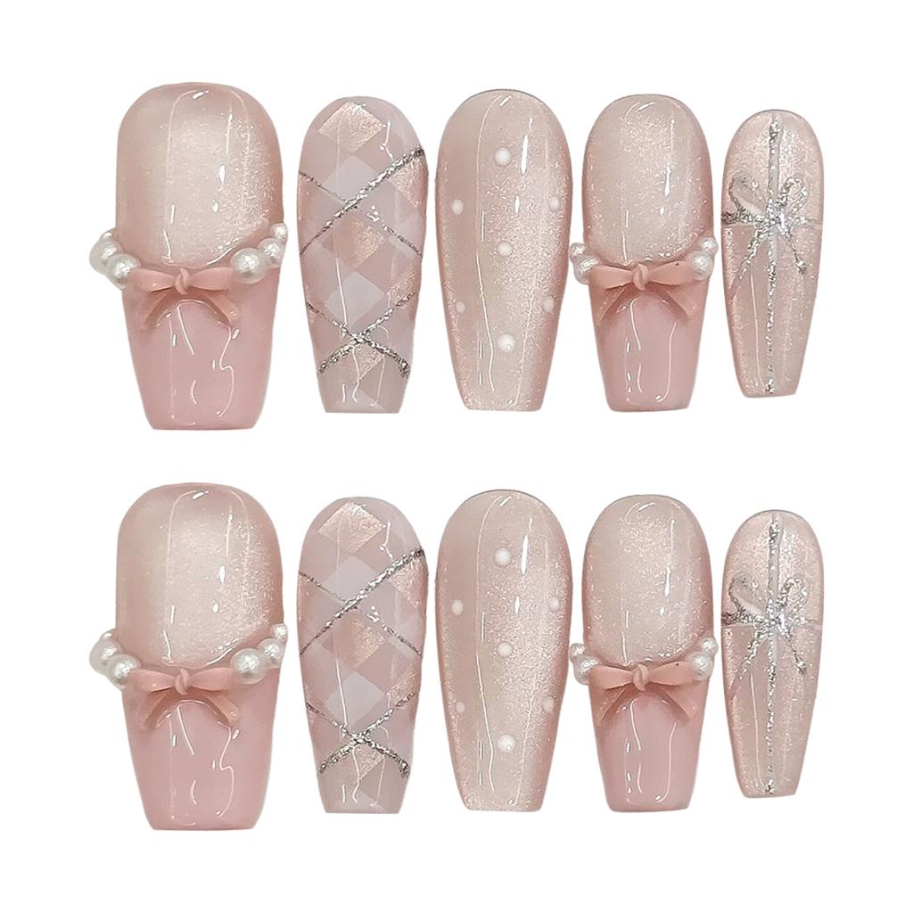 10PCS Pink Cat Eyes False Nails with French Tip with Zero Pressure On the Nail Bed Design for Working Dating or Partying