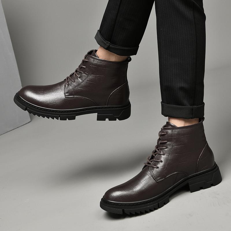 Winter Classic Brown/Black High Top Men Boots Lace Up Leisure All-match Men Casual Boots Non-slip Trend Rubber Men Mid Top Boots