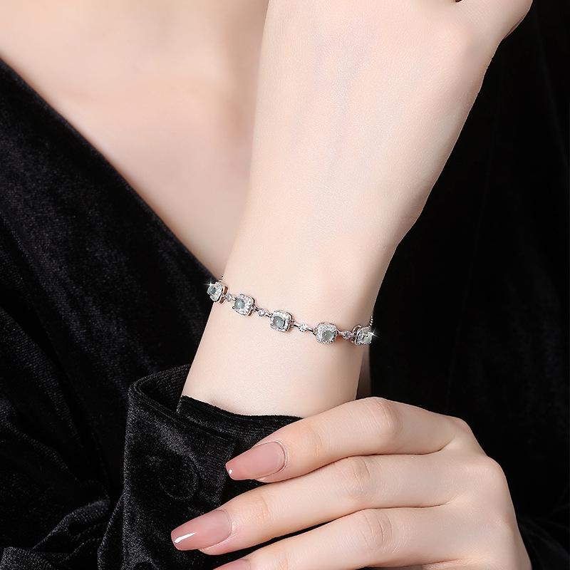 Natural A Jadeite Blue Water Egg Surface Princess Bracelet Inlaid with Ice Jade Women's S925 Sterling Silver Light Luxury Jewelry Fashion Gift