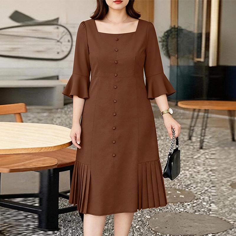 ZANZEA Elegant Women Casual Square Collar 3/4 Sleeve Loose Dress S